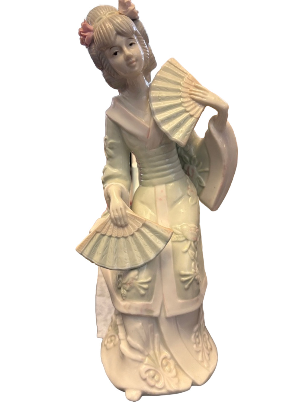Vintage KPM Porcelain  Geisha Figurine with Hand Fans - Pale Green and Pink
